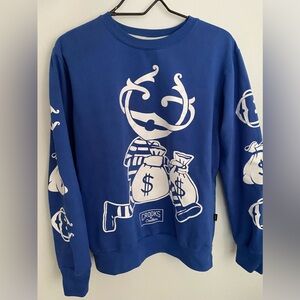 Crooks & Castles Monopoly Money Man Crewneck, size medium, blue & white